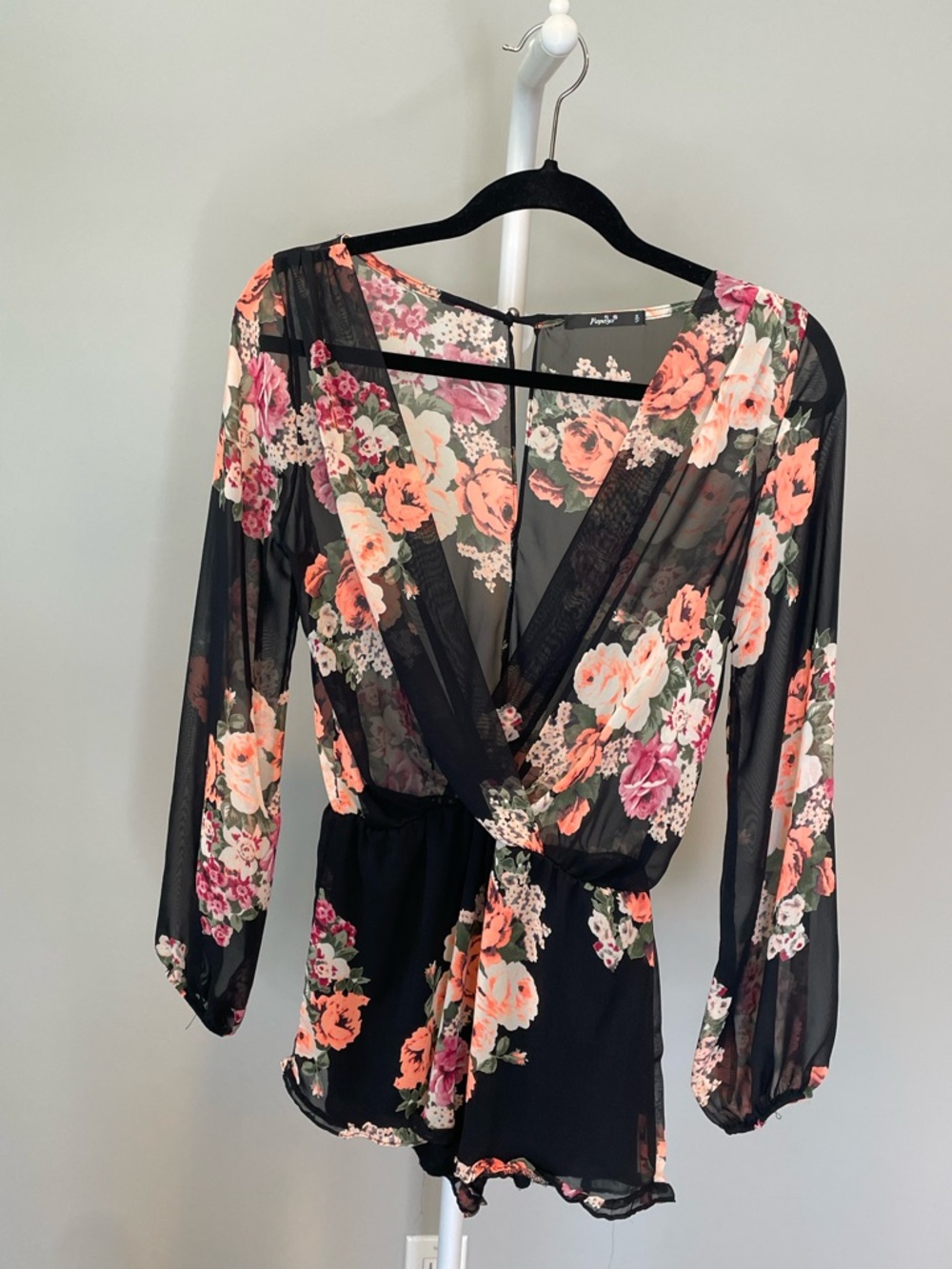 Papaya Black Floral Romper with Coral and Pink Blooms
